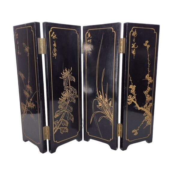 Vintage 1950s Geisha Lacquered Bamboo Abalone Paneled Tabletop Screen Divider - Picture 10 of 12